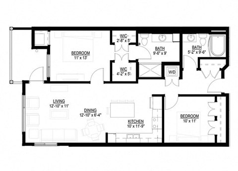 Floor plan for 2 beds, 2 baths, 1066 sqft